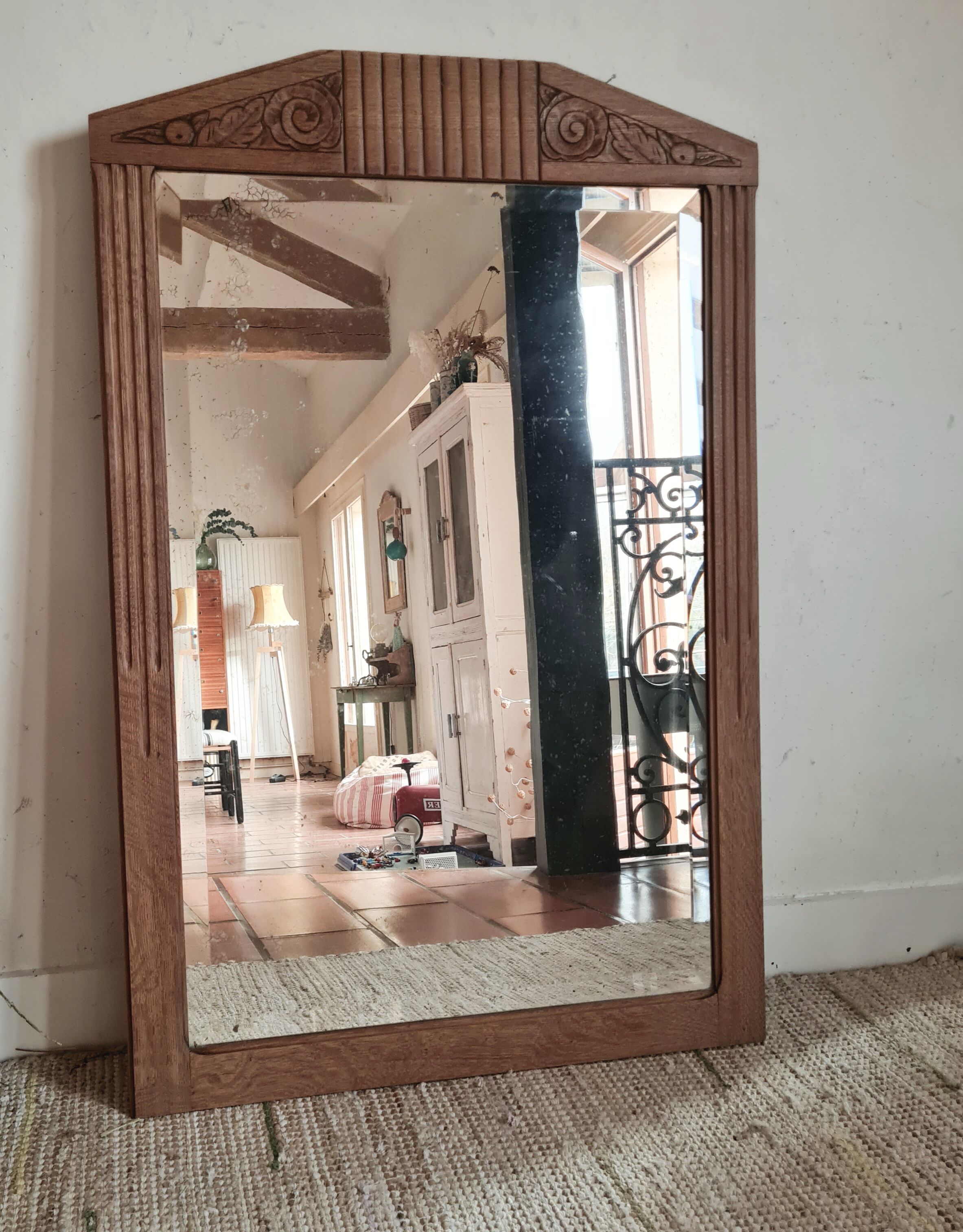 Old Art Deco mirror in pickled wood 71 x 107