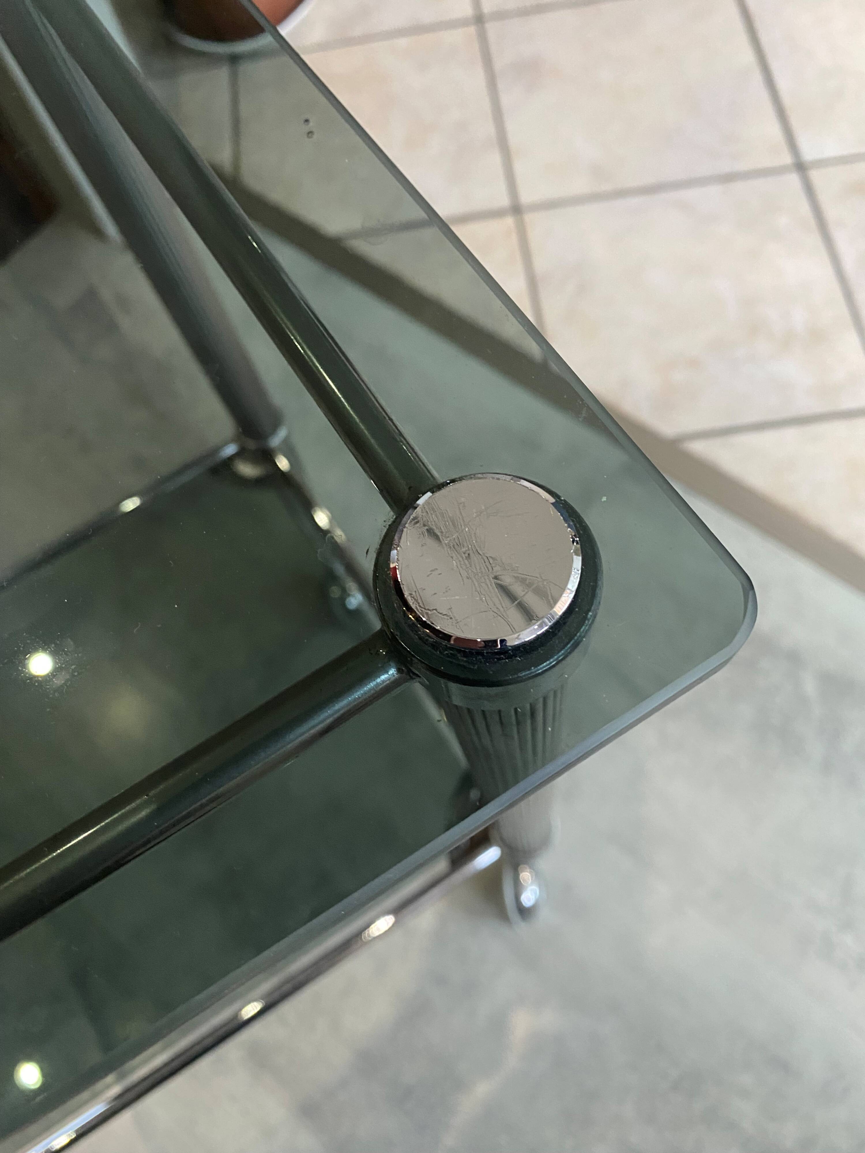 Vintage 1950s silver metal bar cart with wheels and two glass shelves