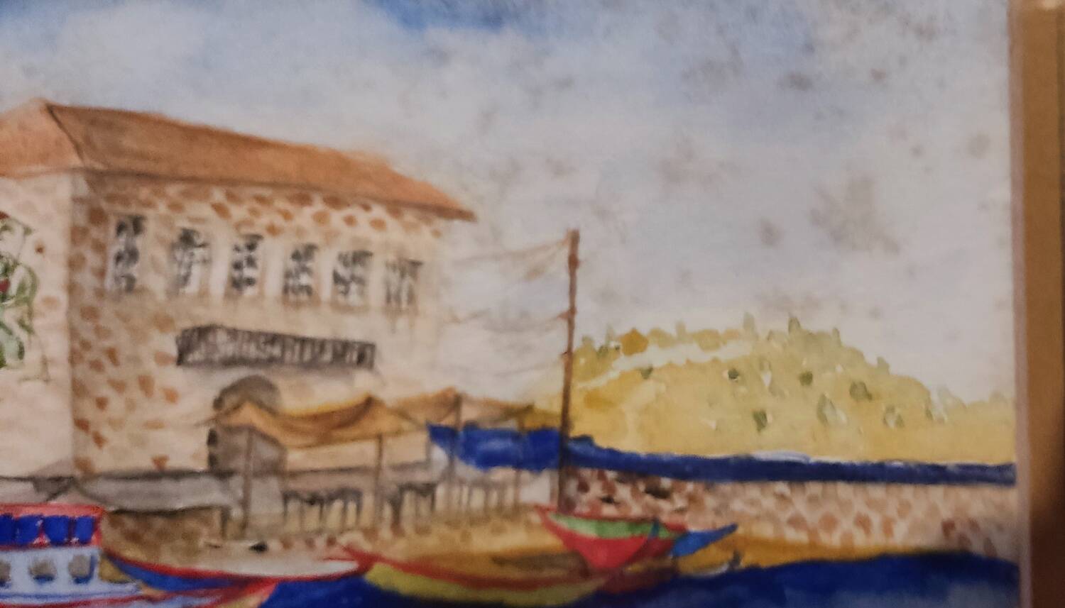 Marine painting on canvas fishing boats at the port