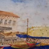 Marine painting on canvas fishing boats at the port