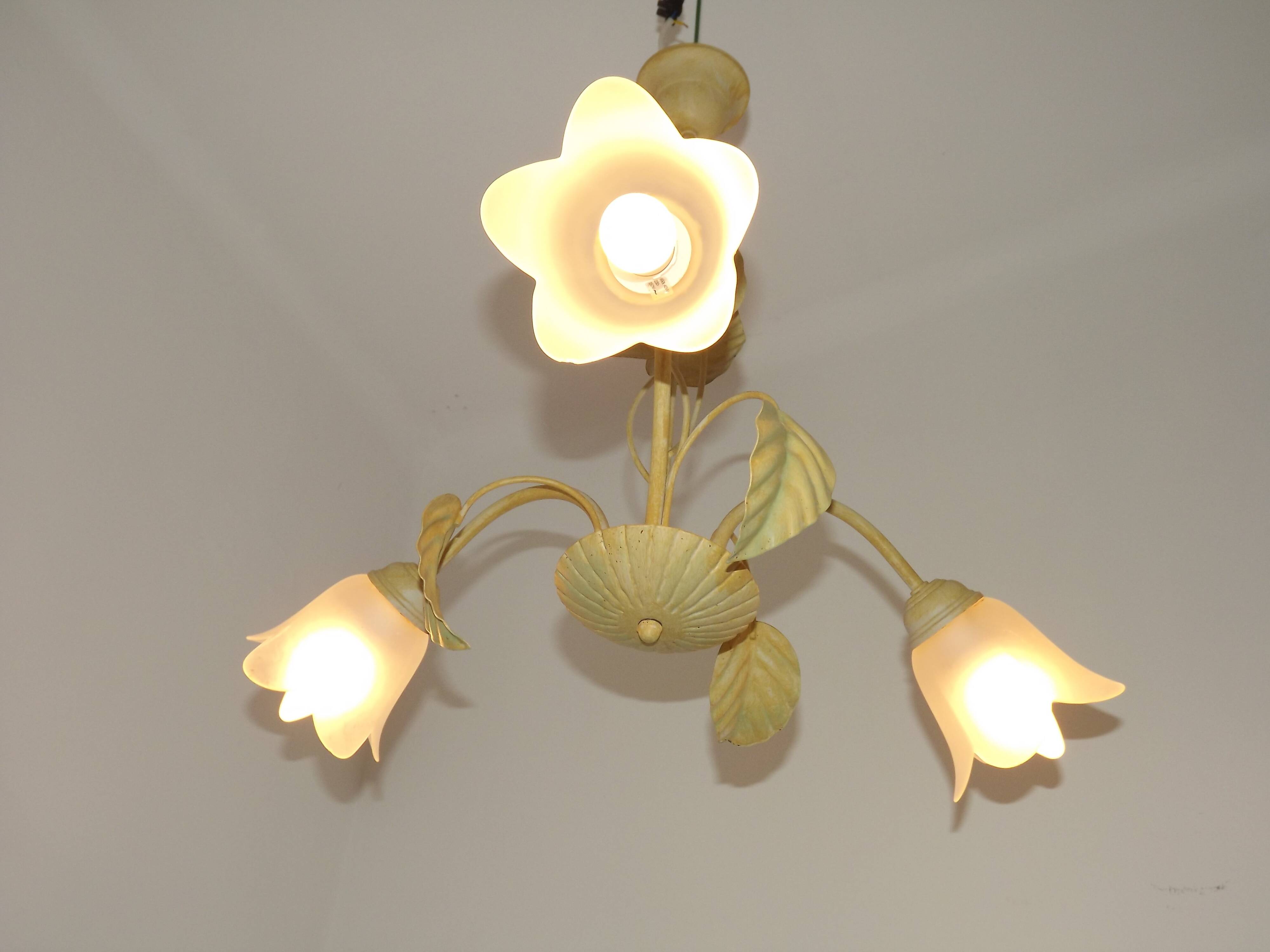 French vintage chandelier with 3 lights in leaf green metal and glass shades 5516