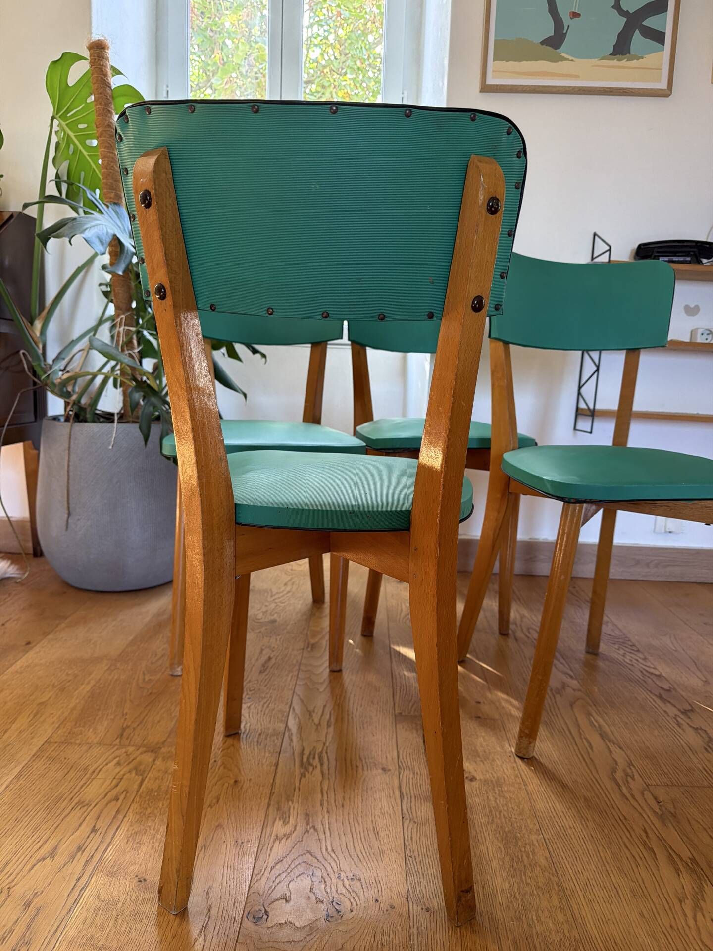 Set of 4 vintage chairs in blonde wood and turquoise faux leather – 1960s