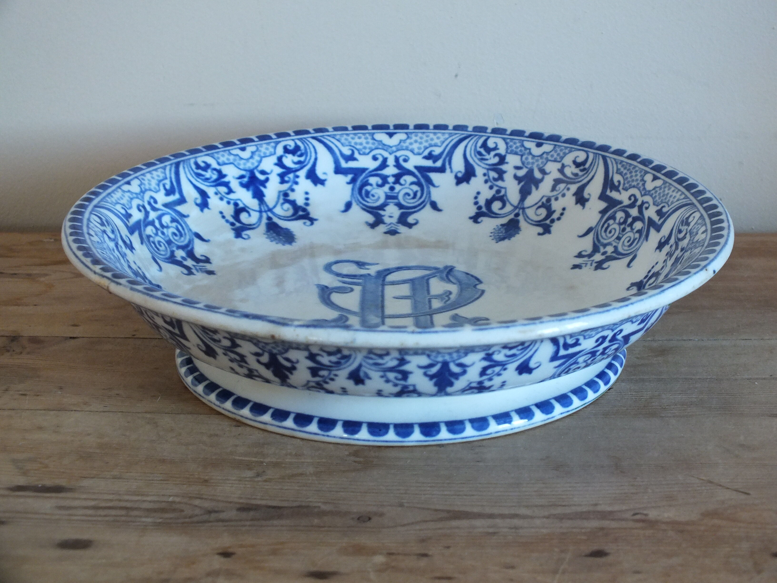 Old hollow cup on pedestal Gien decoration Rouen monogrammed
