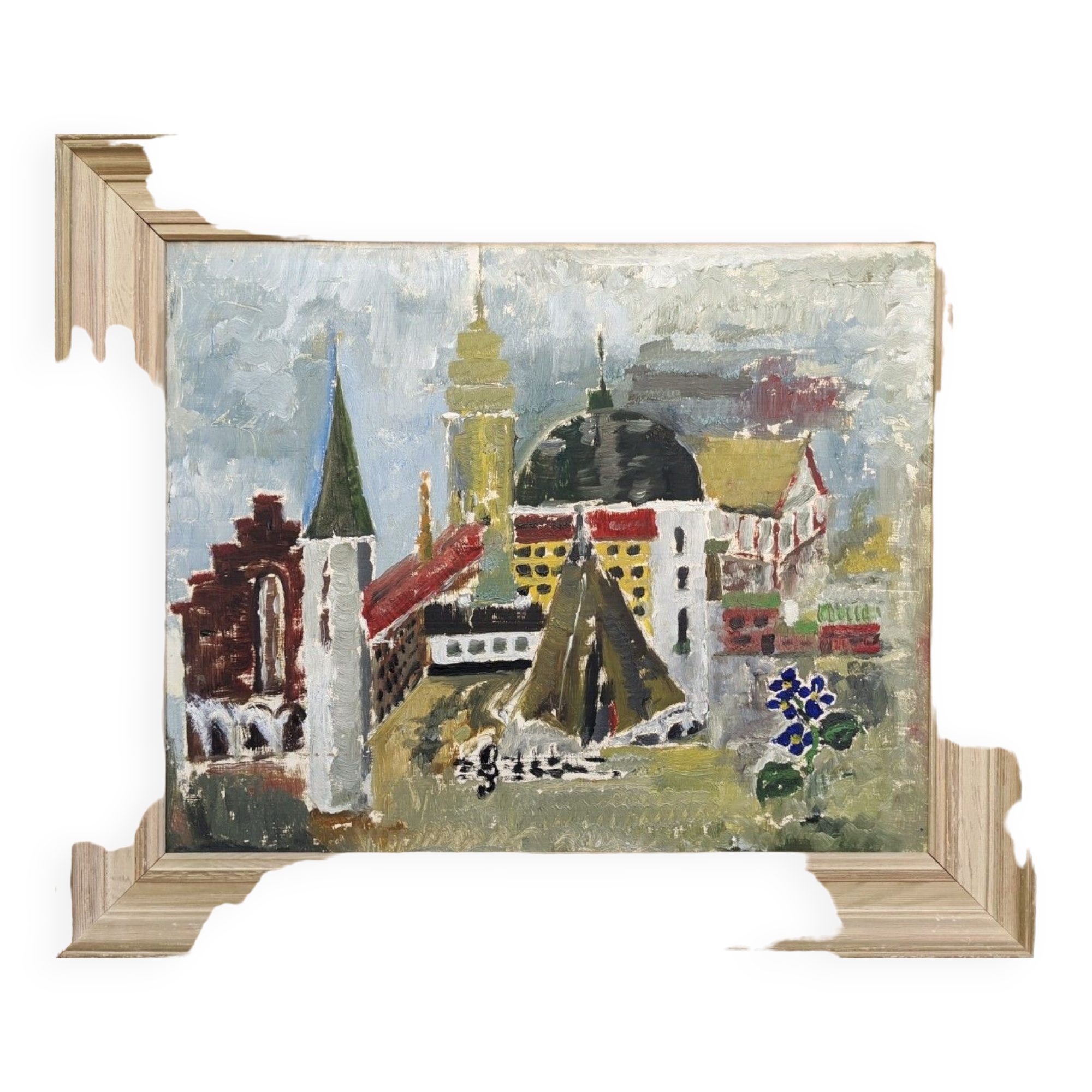 Mid-Century Modern Swedish Cityscape "City Views" Framed Oil Painting