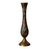 Vintage brass soliflore vase with black, red, and green floral decoration – H 18 cm