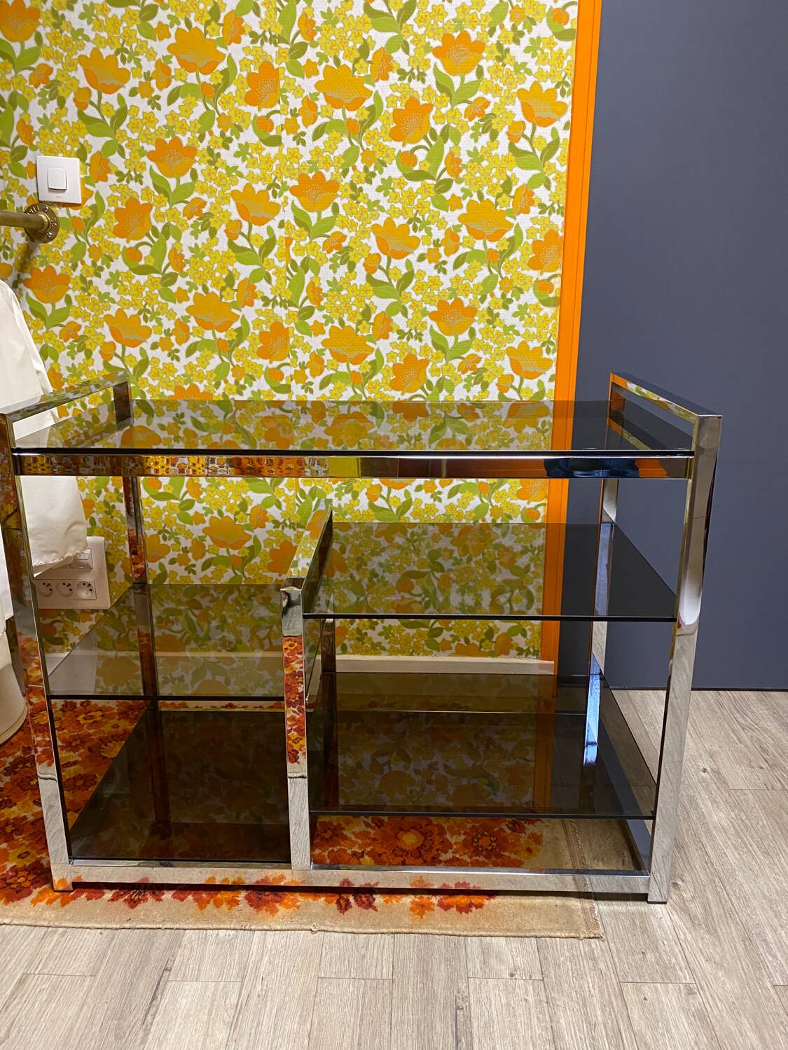 Vintage 70s chrome and smoked glass console