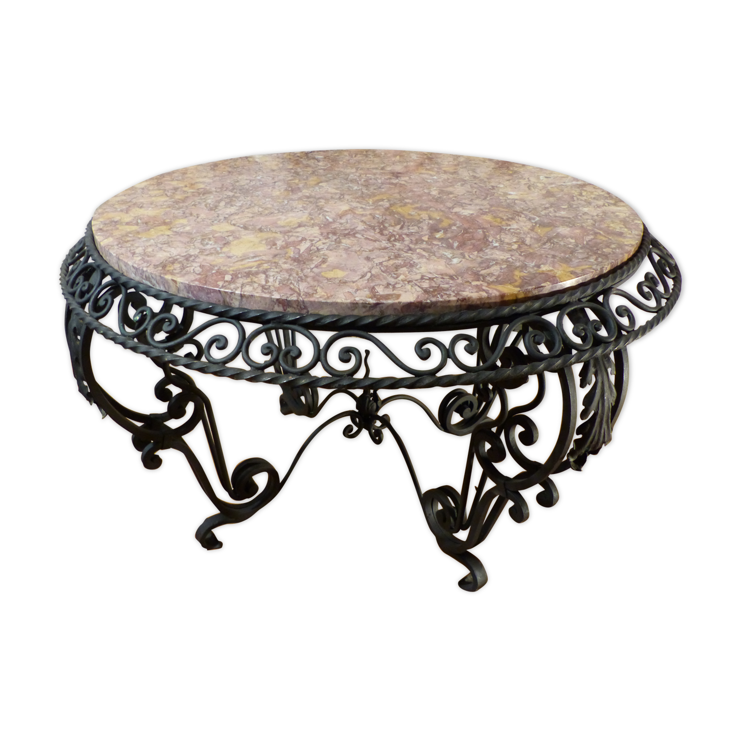 Wrought iron round coffee table and marble top