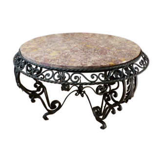 Table basse ronde en fer forgé et dessus marbre