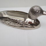 Foie gras dish in silver metal, duck décor