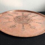 Islamic art tray with ornaments in copper and tin pewter traces