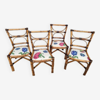 Set 4 chaises bambou et cuir tapisserie tulipes et pivoines