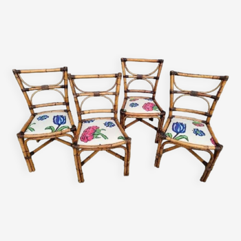 Set of 4 bamboo and leather chairs with tulips and peonies