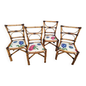 Set 4 chaises bambou et cuir tapisserie tulipes et pivoines