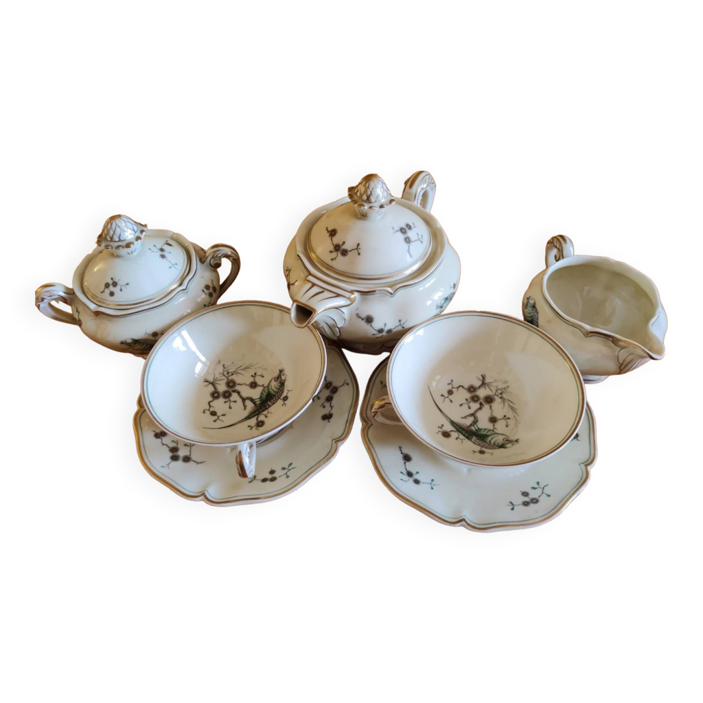 Service à Thé Et Dessert Porcelaine Limoges Royale - Motif Floral Beige
