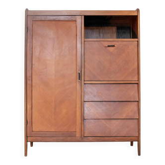 Vintage oak secretary wardrobe chest of drawers from the 1950s.