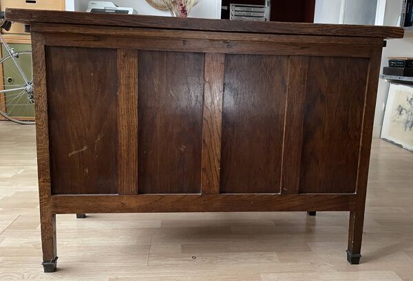 Bureau de ministre en chêne massif avec marqueterie années 1930