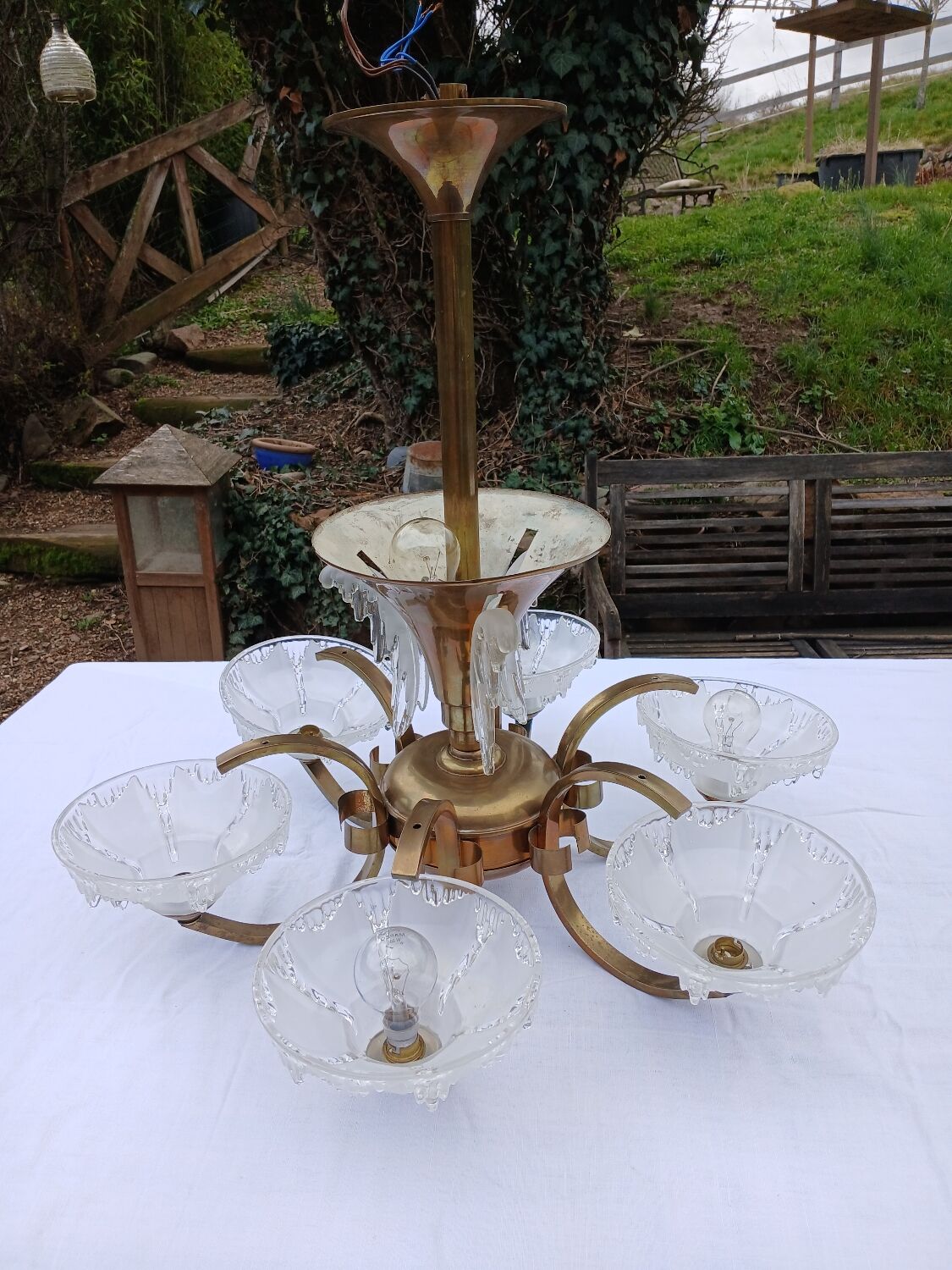 Antique Art Deco brass and glass chandelier