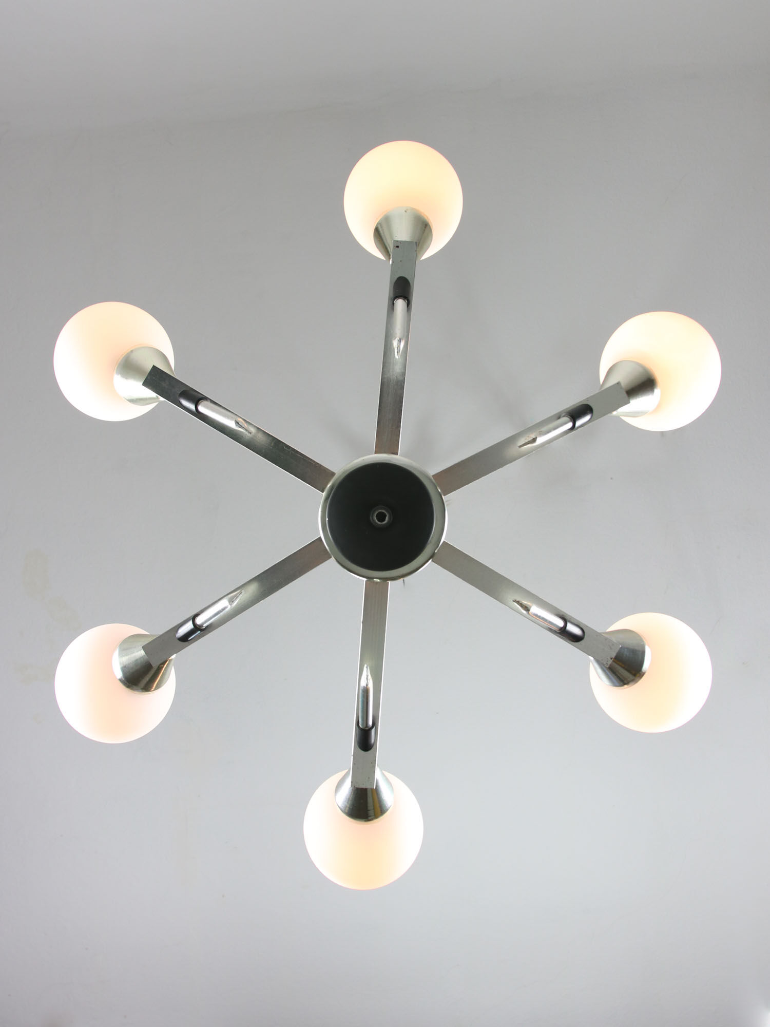 Italian Space-age Aluminum and Opaline Glass Chandelier