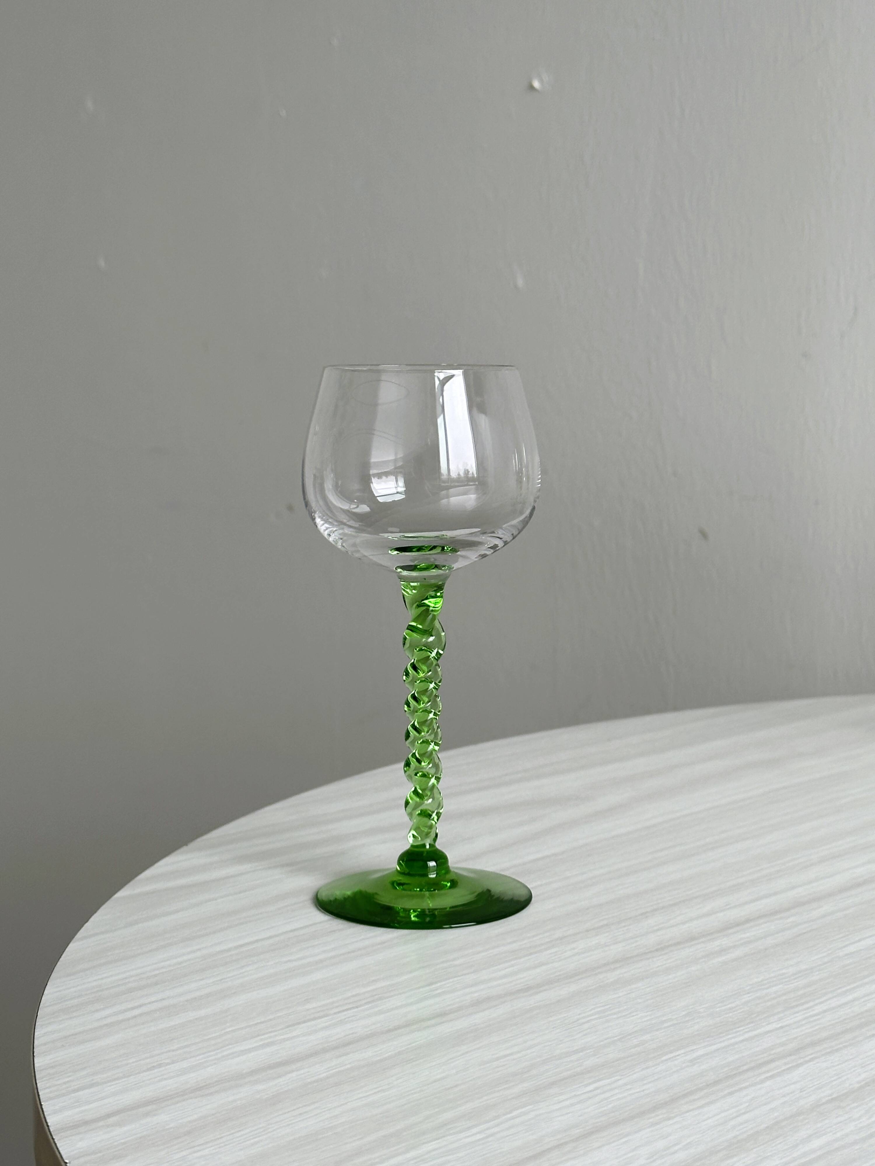 6 transparent green twisted stemmed glasses