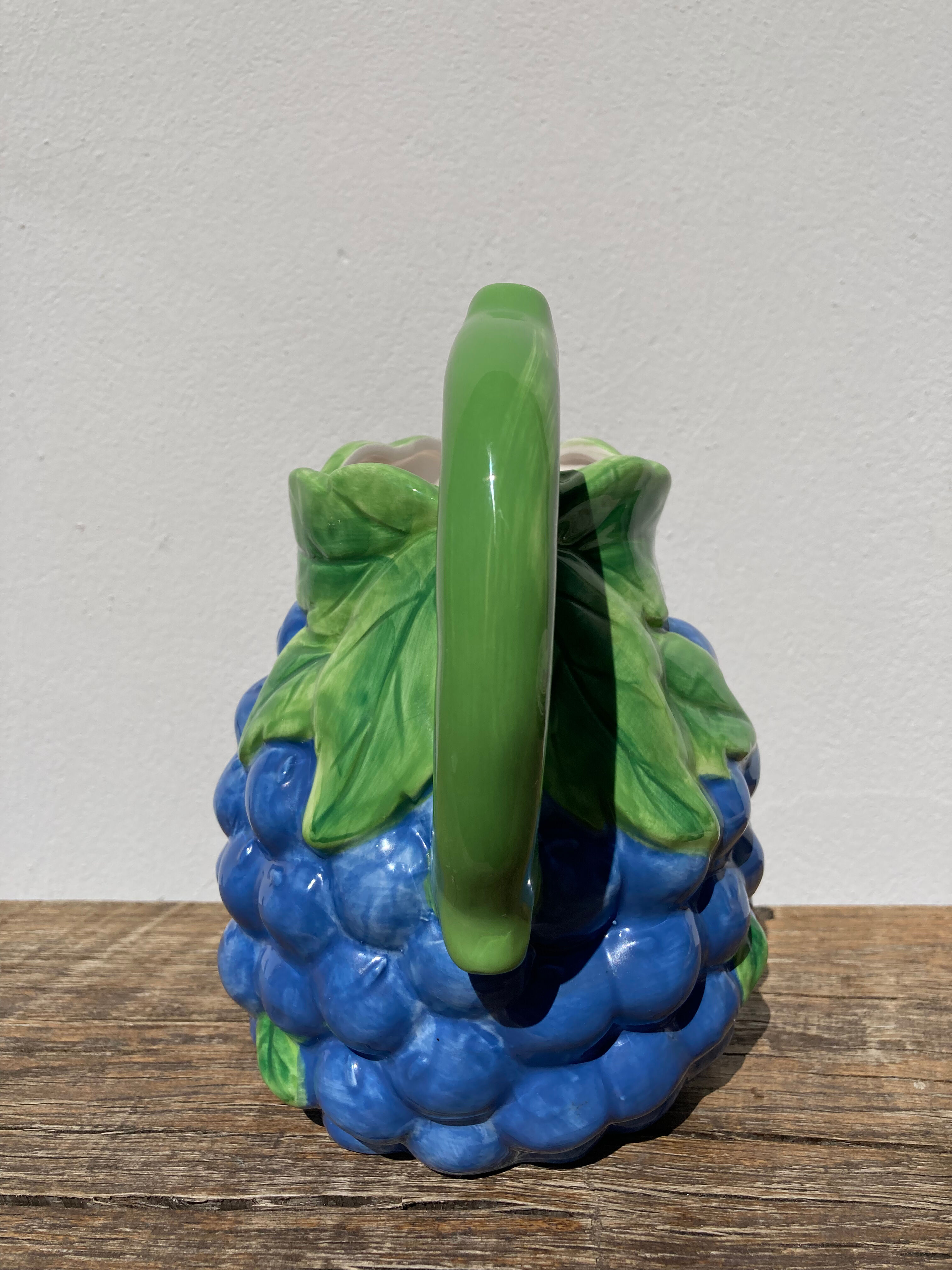 Pitcher in purple and green grape slurry / vintage ceramic decanter