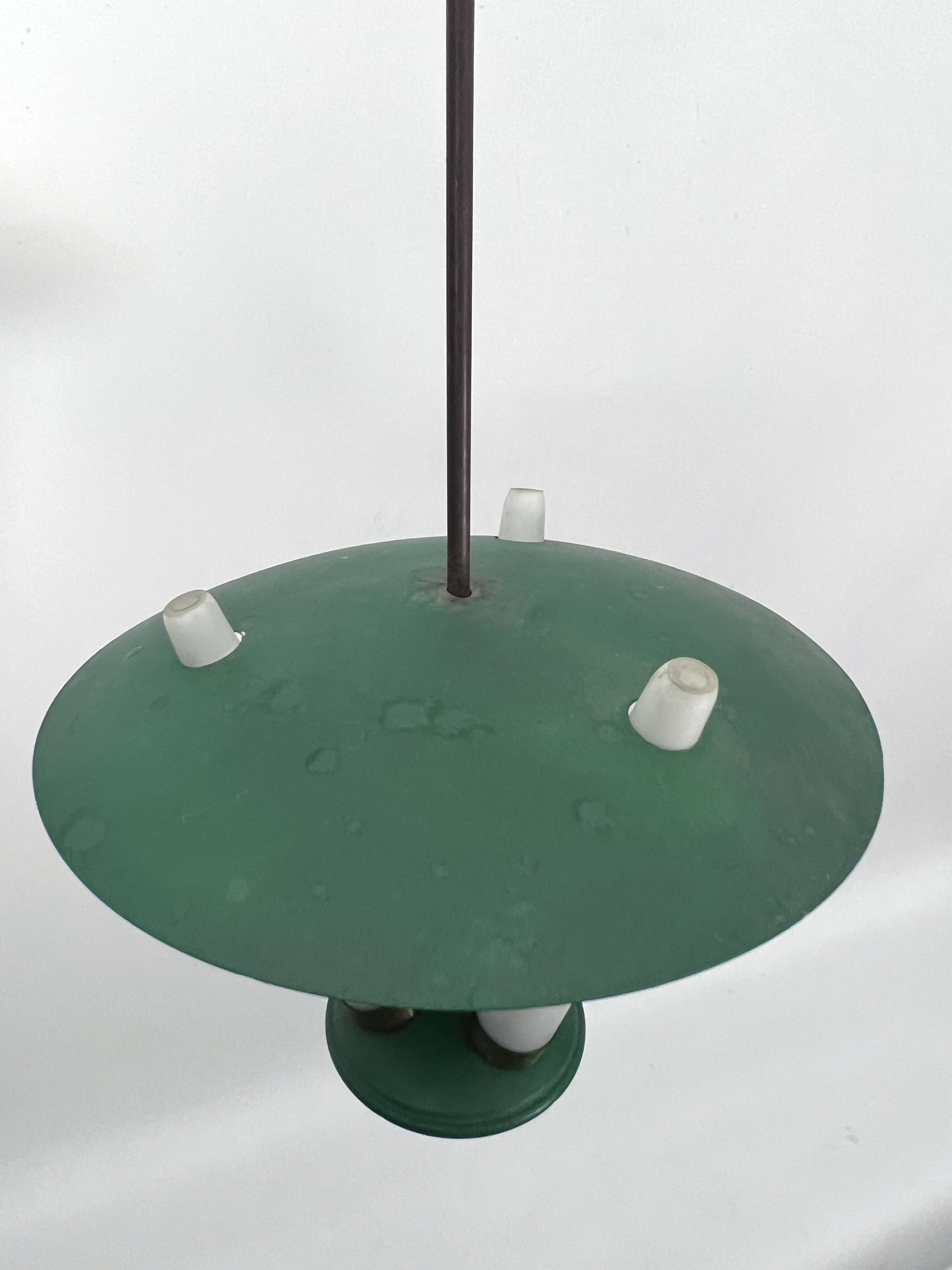 Mid-Century green three opaline glasses lantern. Italy 1950s