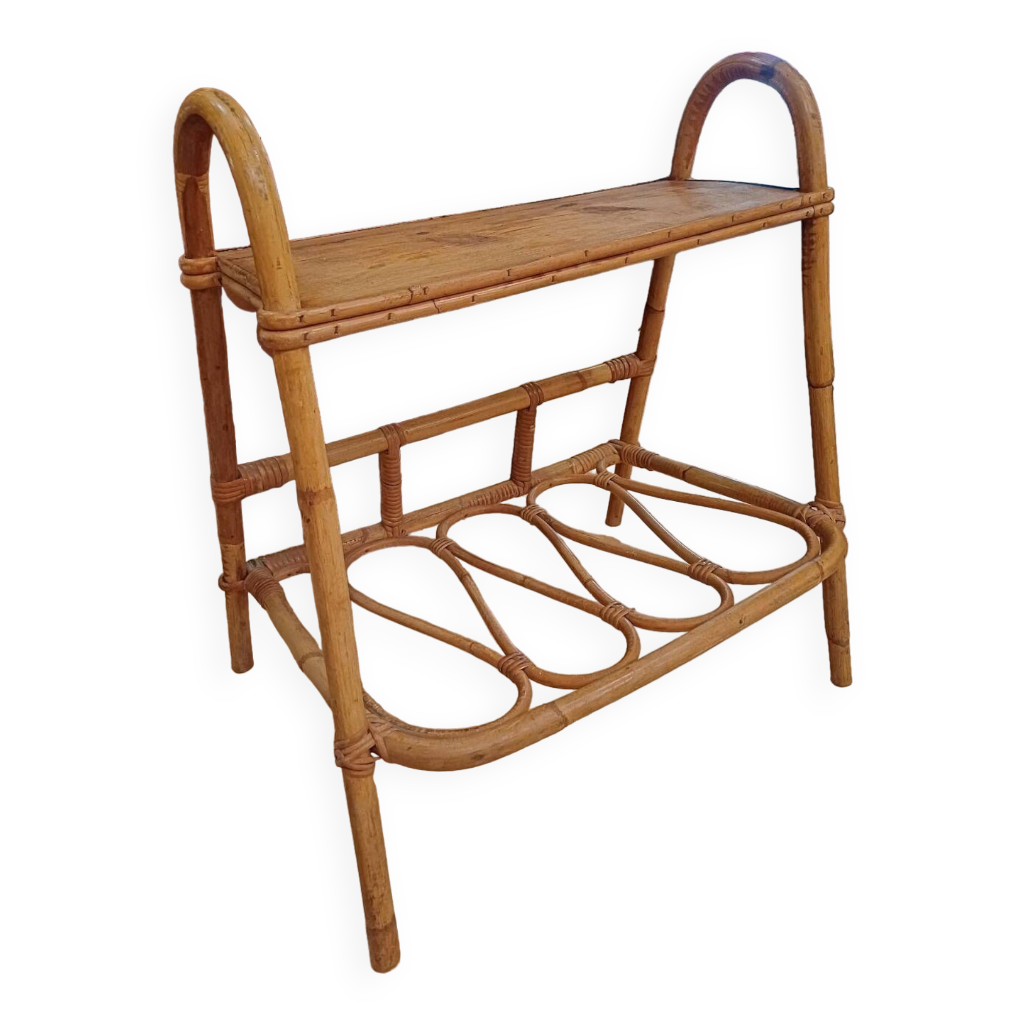 Small side piece of furniture with bamboo magazine holder, wooden top, 1960