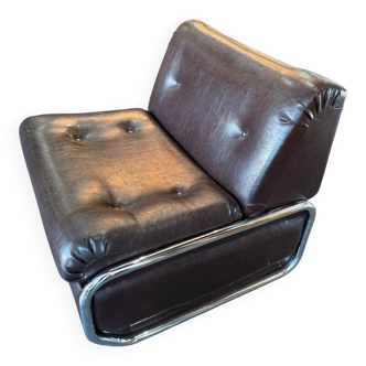Beka-france convertible armchair in brown leather – chrome structure – 1970s