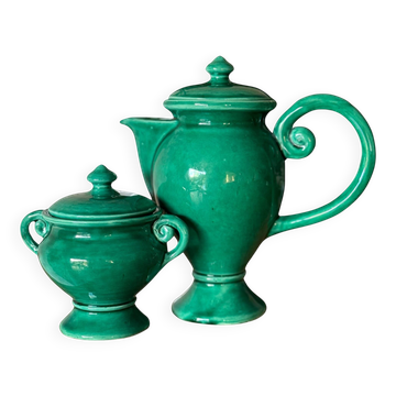 Ceramic glazed green jug and sugar bowl set, Vallauris