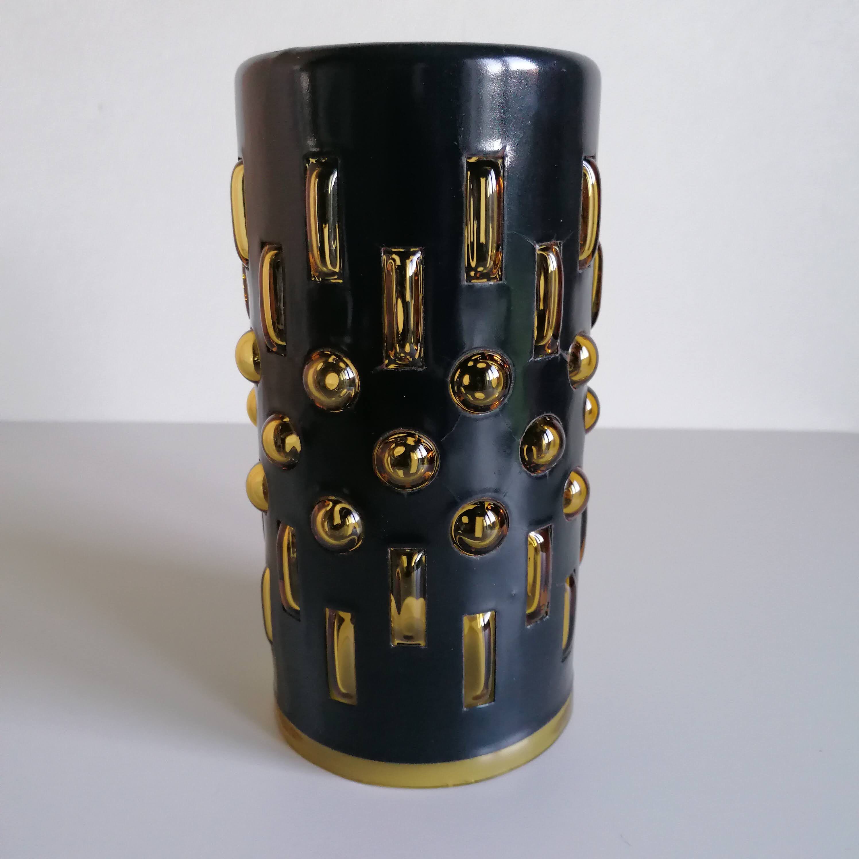 Amber blown glass and midnight blue metal hanging lamp 1960