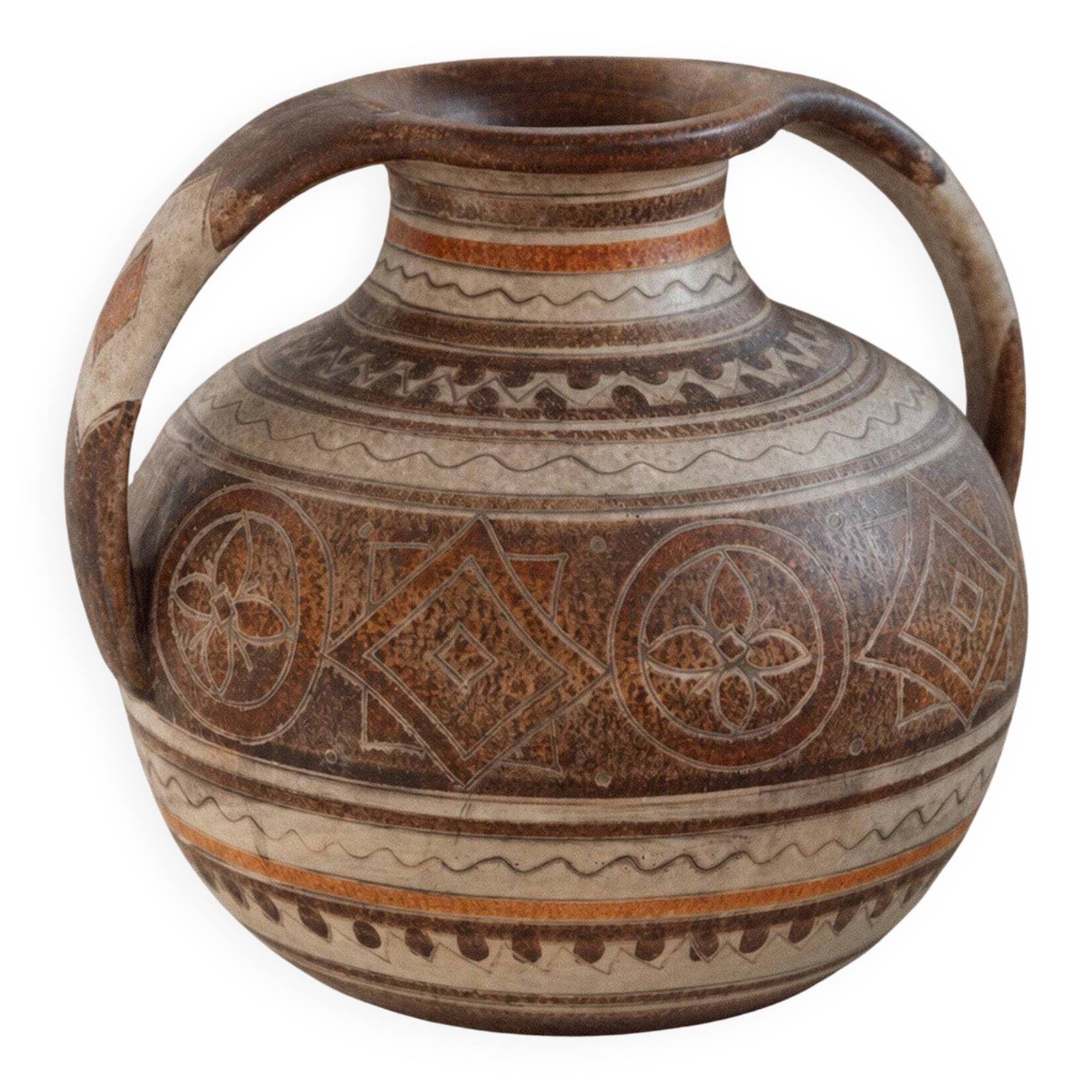 Vintage ceramic vase from the 1960s, hand-painted Italian pottery with two handles, brown tones and decorative pattern by Italica Ars.