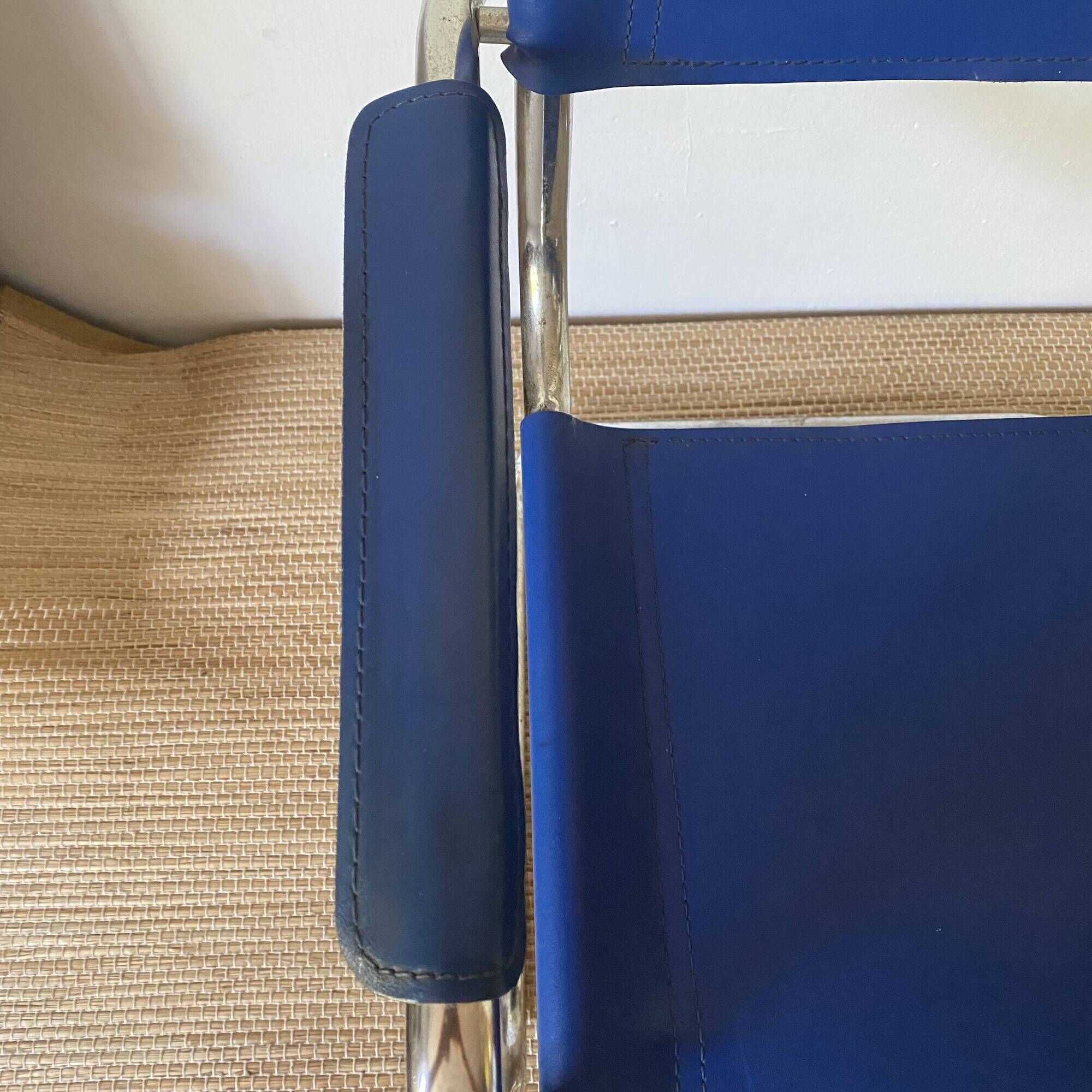 Office chair in blue imitation leather and chrome metal, Matteo Grassi style