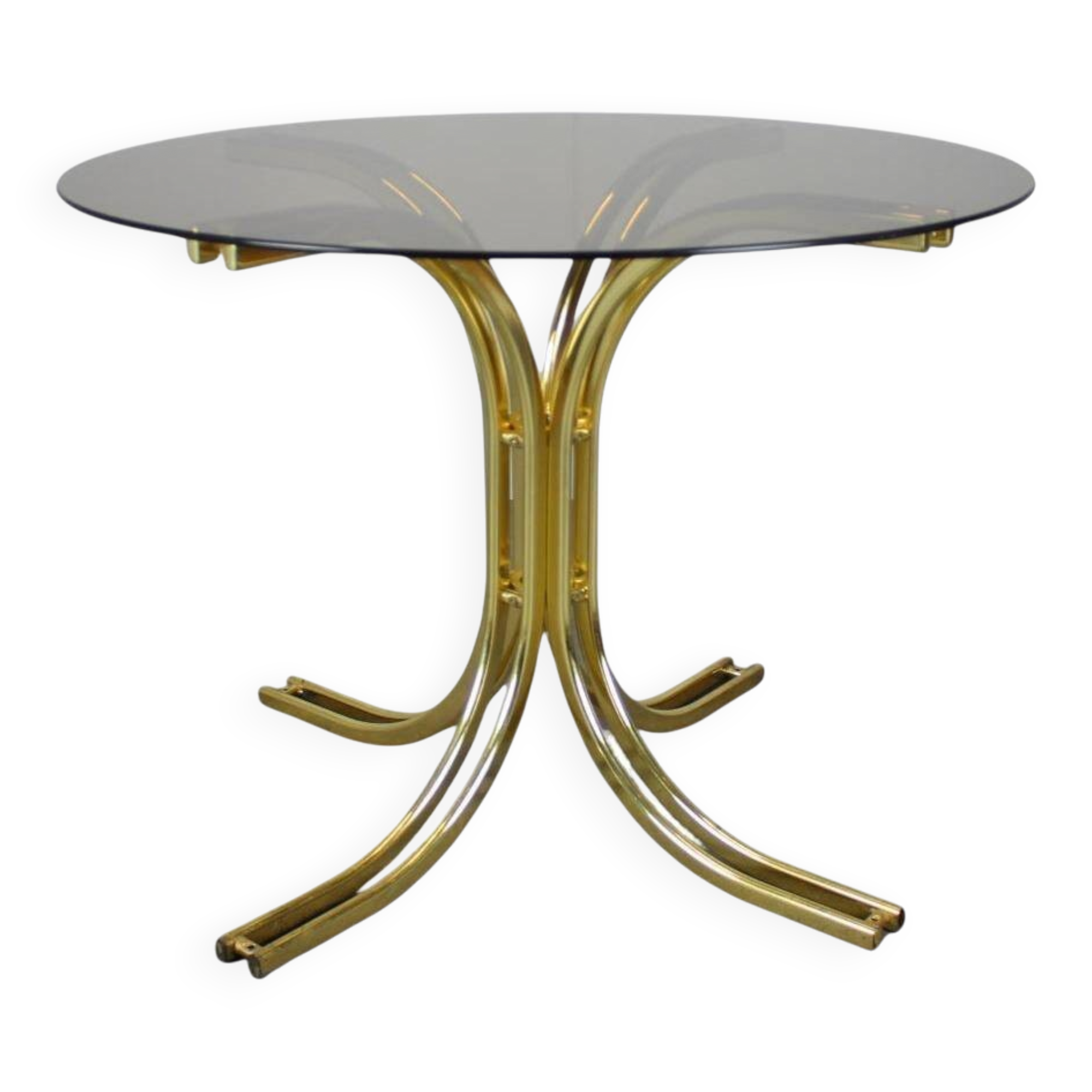 Table à manger ronde en laiton et verre / Italie, années 1980