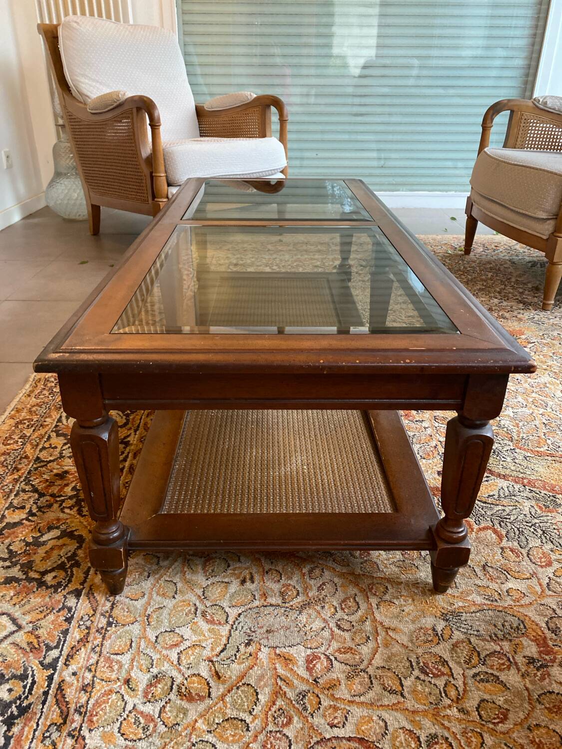 Wood, glass and cane coffee table