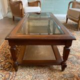 Wood, glass and cane coffee table