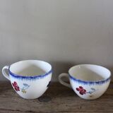 A set of two Digoin earthenware cups with blue, red, and yellow flowers.