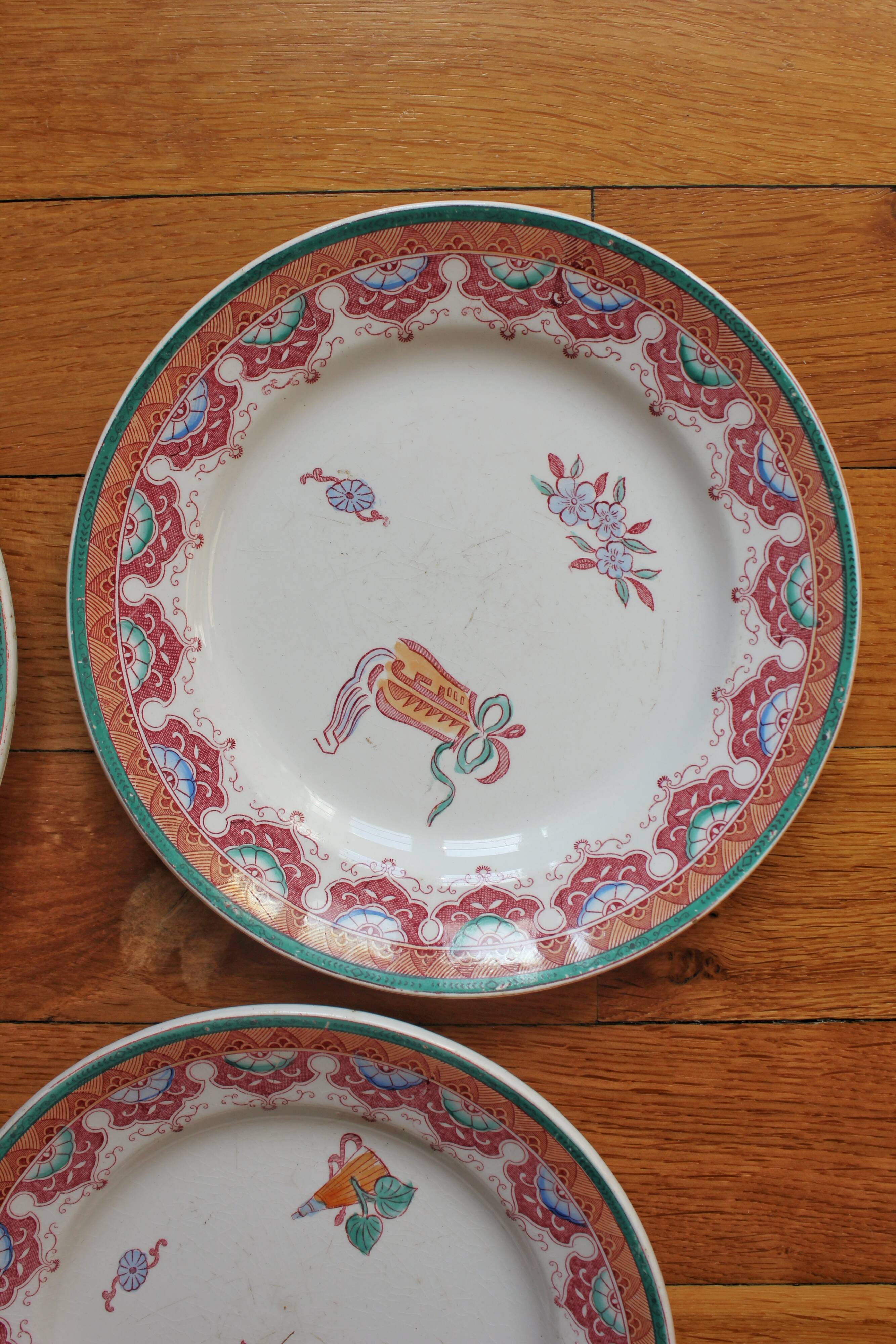 4 polychrome ironstone dessert plates, "Chinese" model, U&C Sarreguemines