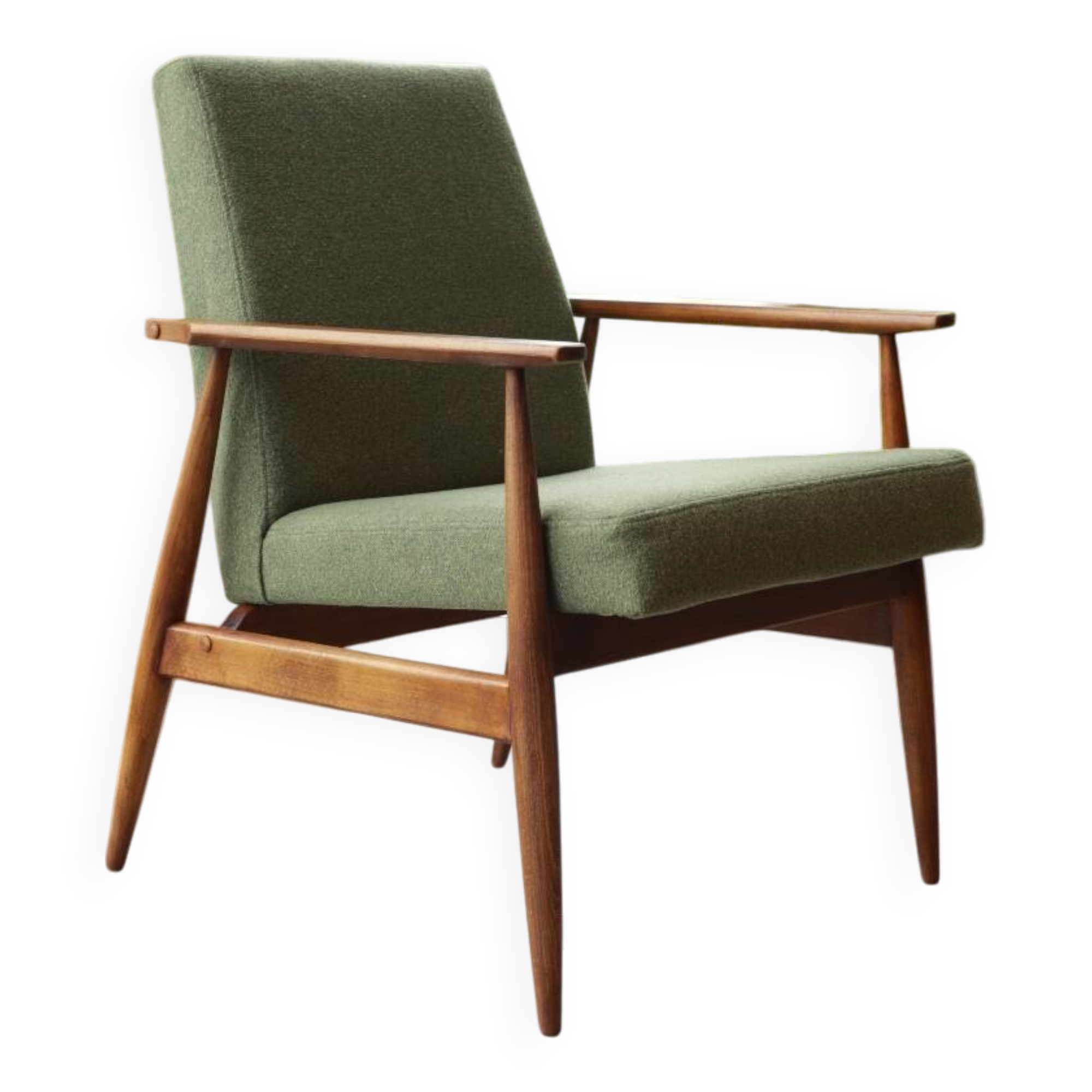 Fauteuil vintage en boucle vert sauge, design milieu de siècle, fauteuil en bois