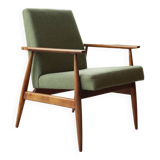 Fauteuil vintage en boucle vert sauge, design milieu de siècle, fauteuil en bois
