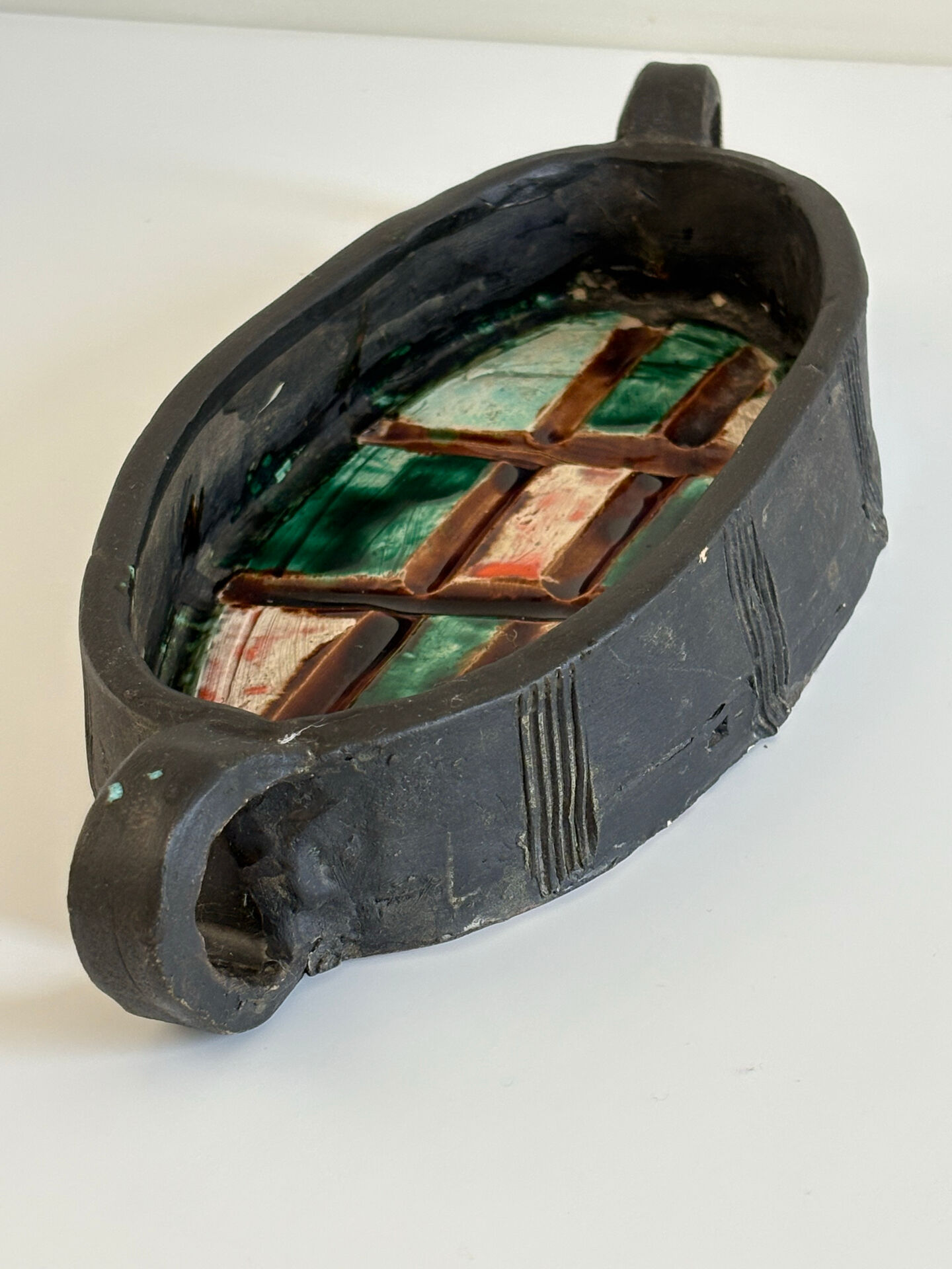 Oval bowl with two handles in glazed ceramic, 1970-71