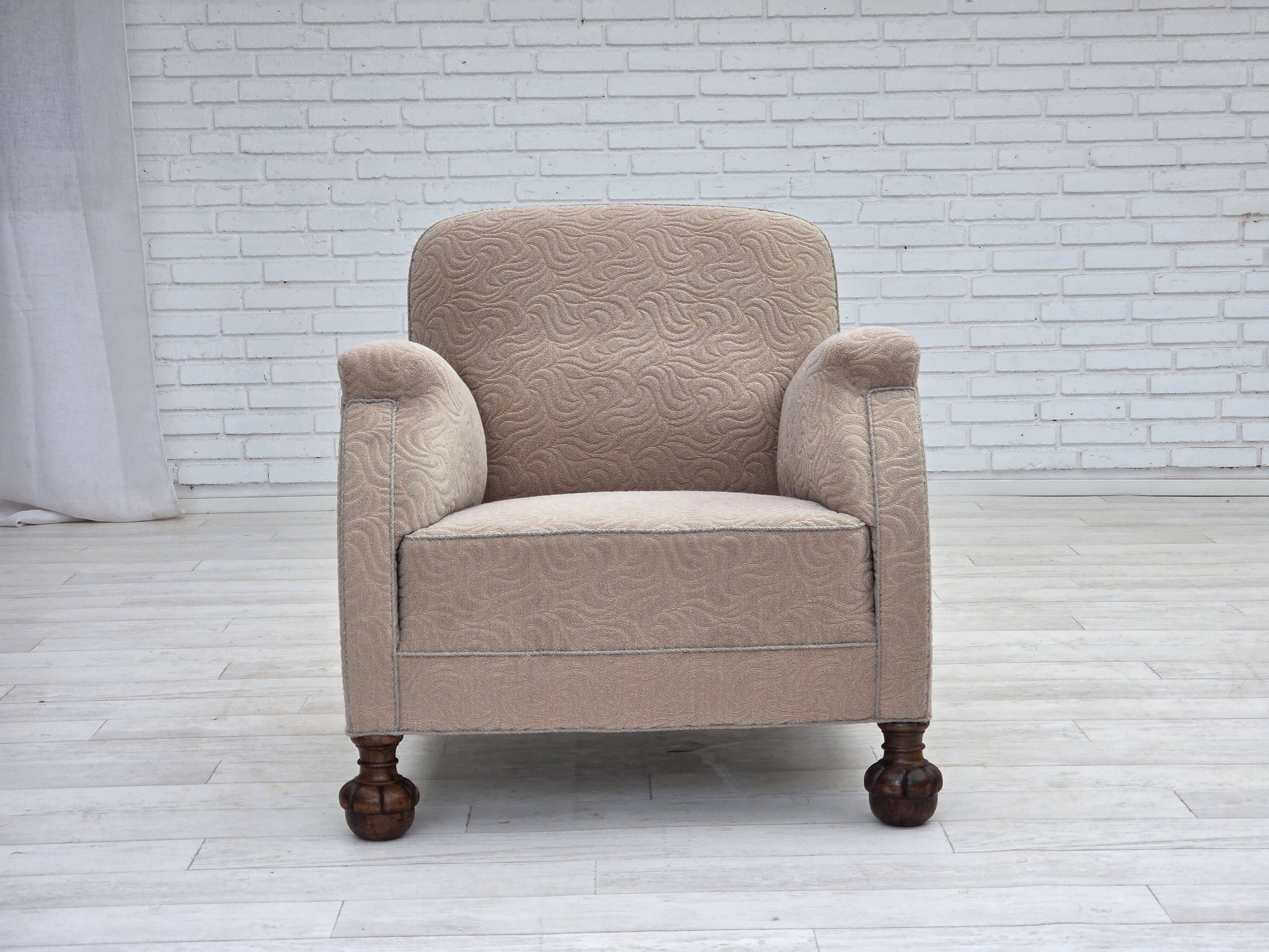 1950s, Danish artdeco armchair, furniture wool, oak wood legs.