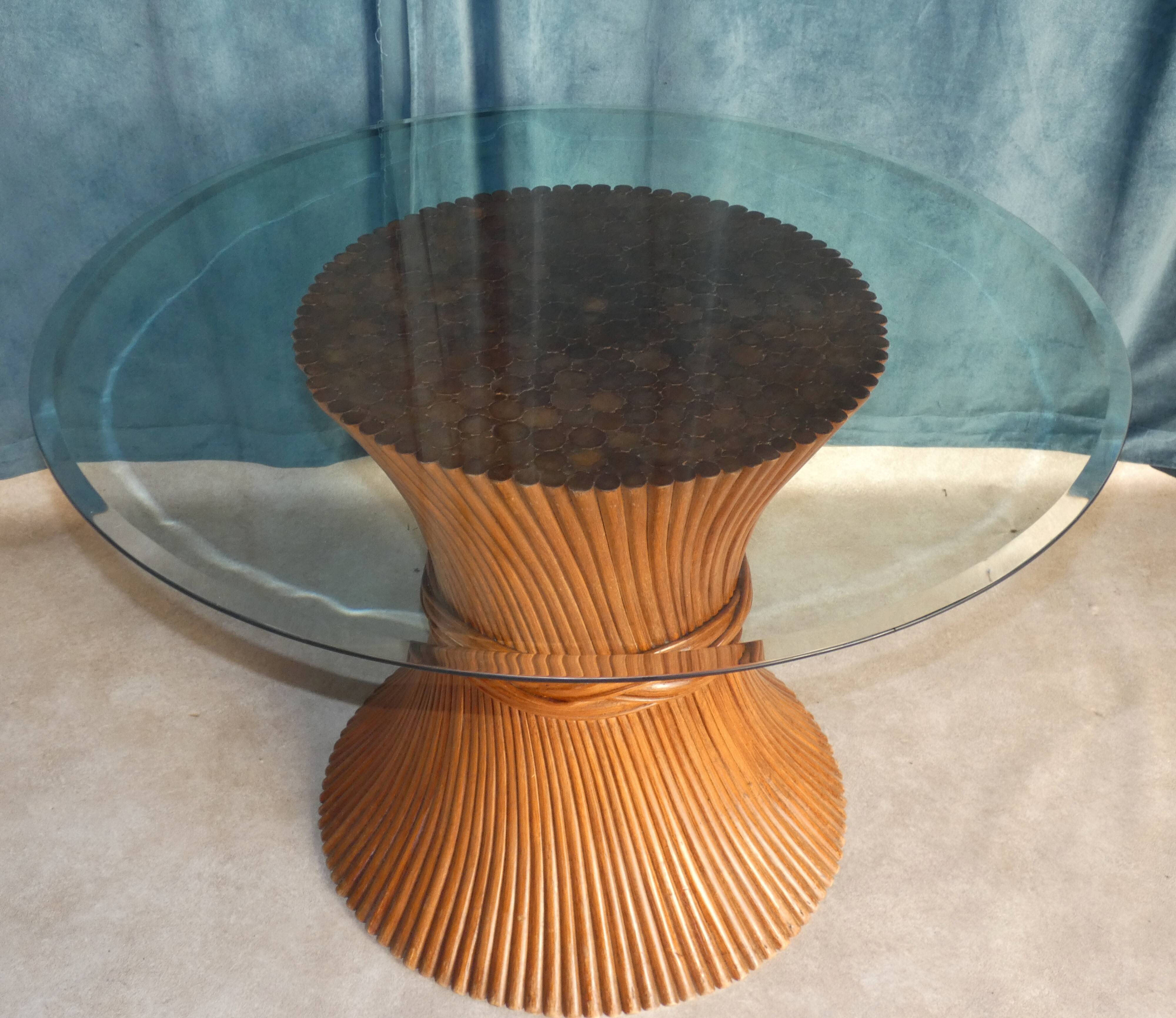 Round Dining Table McGuire Central Foot Bamboo "Wheat Sheaf" / Glass Tray, USA 1970