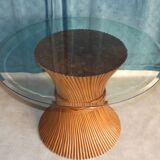 Round Dining Table McGuire Central Foot Bamboo "Wheat Sheaf" / Glass Tray, USA 1970