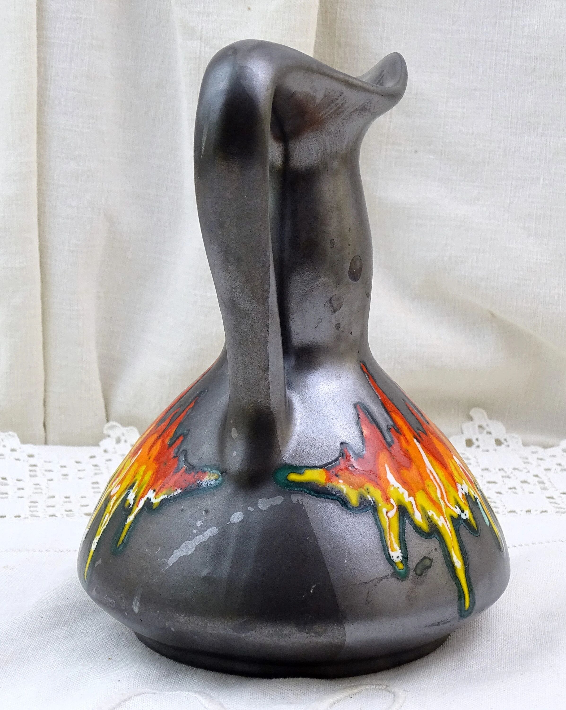Vintage Italian mid-century iridescent black pottery vase/pitcher with red flame glaze, retro 1950s ceramic ornamental pitcher from Italy