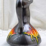 Vintage Italian mid-century iridescent black pottery vase/pitcher with red flame glaze, retro 1950s ceramic ornamental pitcher from Italy