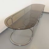 Large vintage modular oval dining table in smoked glass and chromed metal, Space Age style, 70s