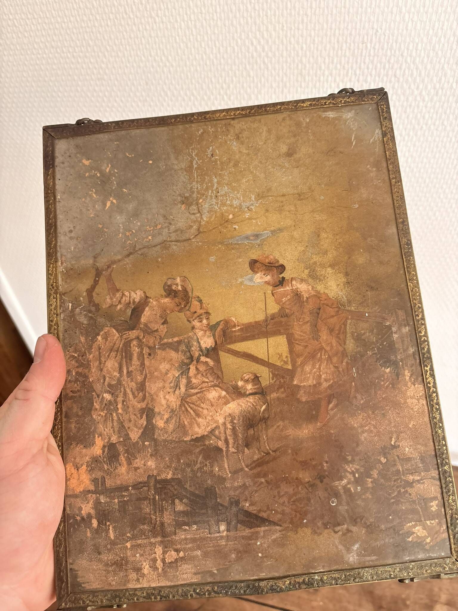 Antique Courteous Mirror Hanging Gallant Scene 19th Century Barber Chainette