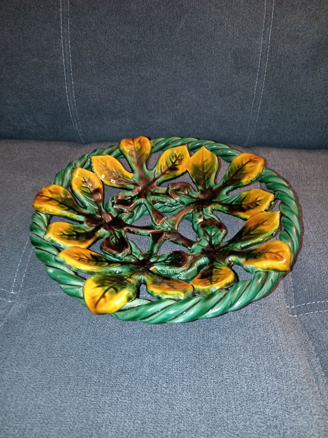 Vintage basket made of woven and glazed ceramic
