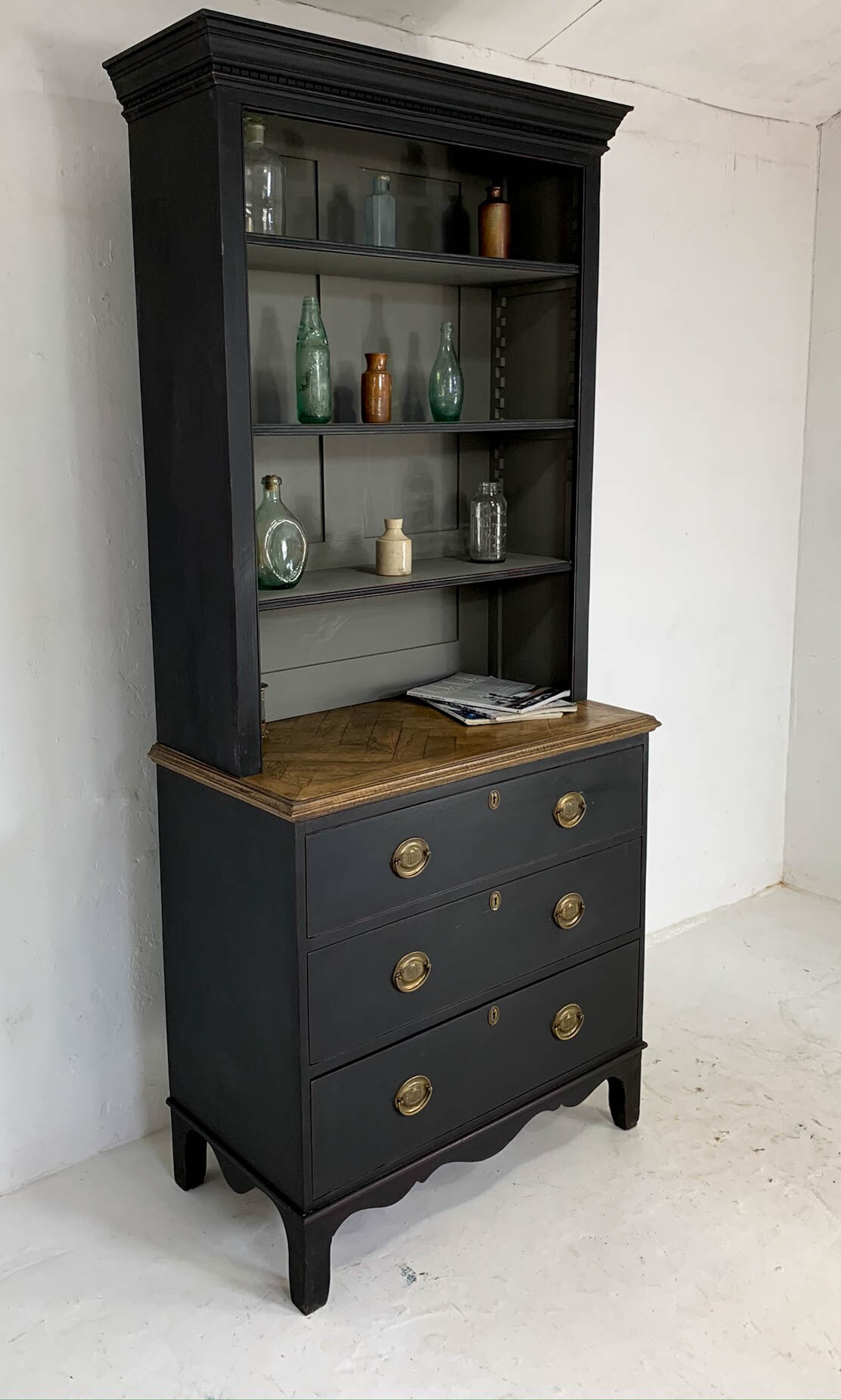Antique black painted pine bookcase
