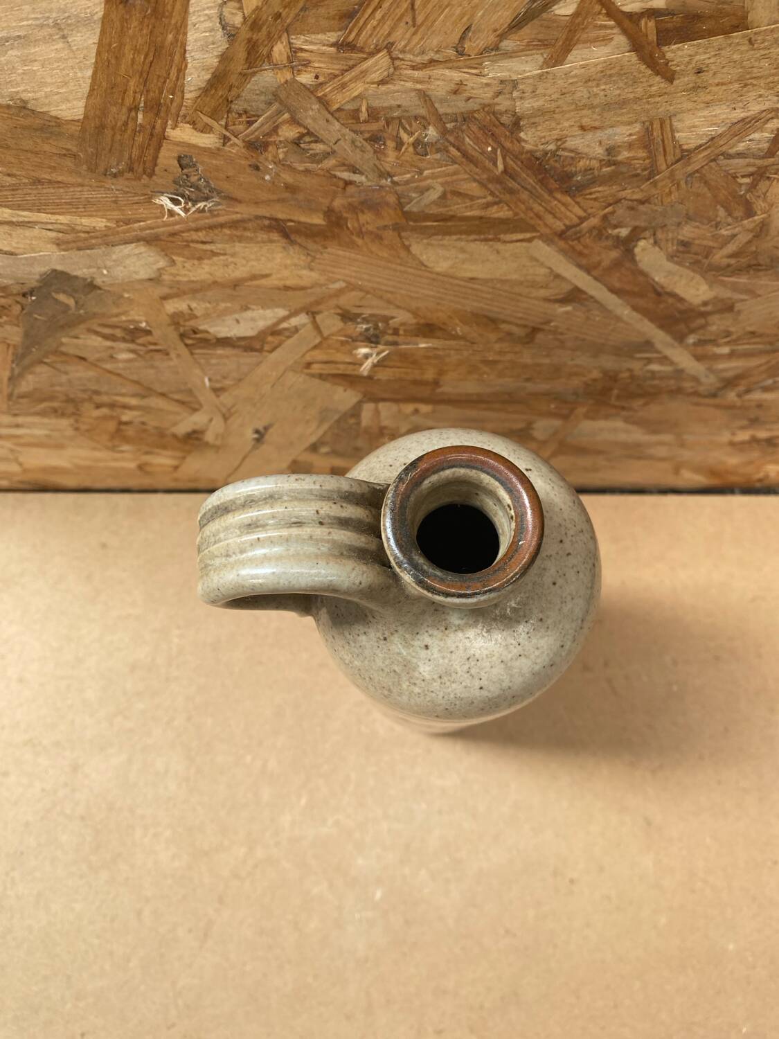 Antique beige enameled ceramic bottle vintage leaf decor