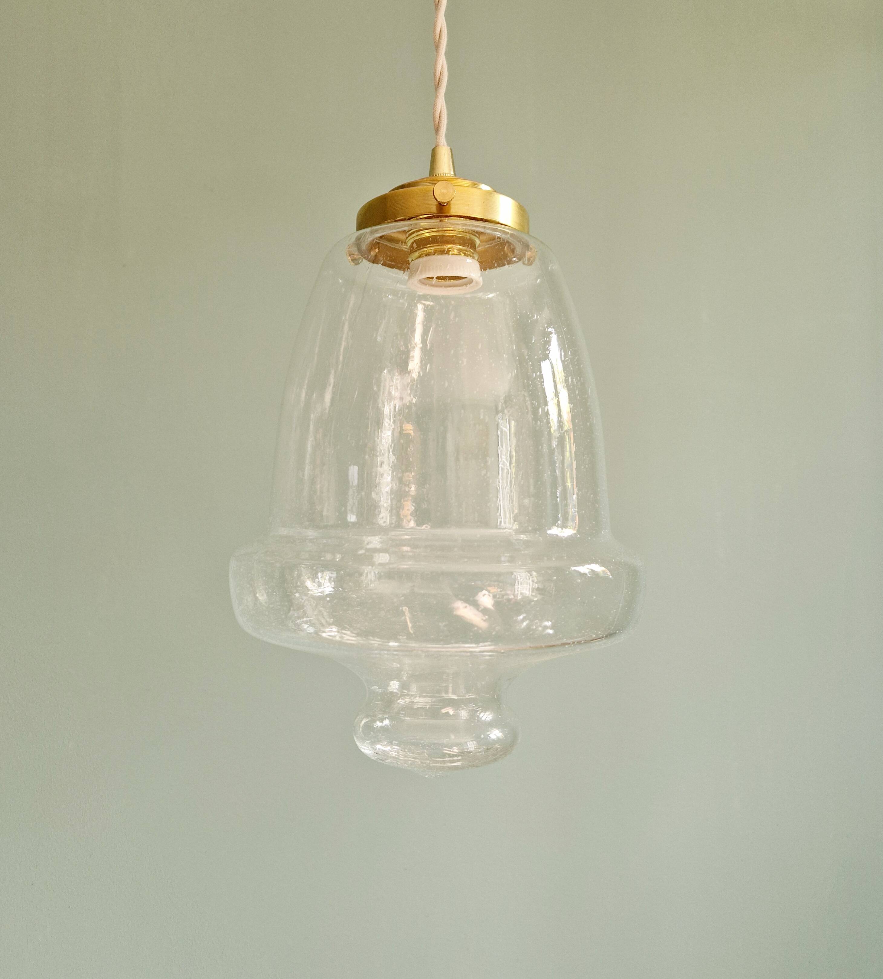 Vintage pendant light in transparent bubbled glass, 70s